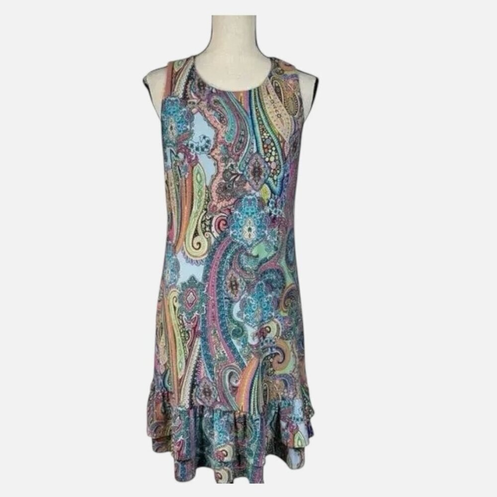 Women's 14 Colorful Ruffled Hem Teal Pink Paisley Shift Casual Stretchy Dress